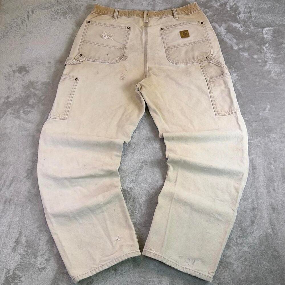 Distressed Carhartt B136 Double Knee Carpenter Pants Mens 34x32 Beige